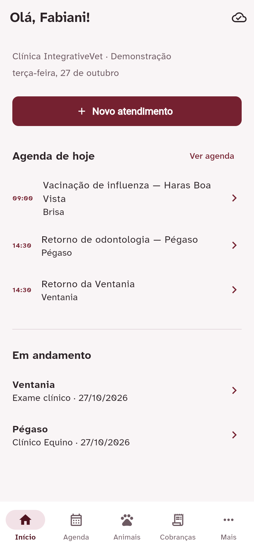 Tela Início da IntegrativeVet com a agenda e os atendimentos do dia